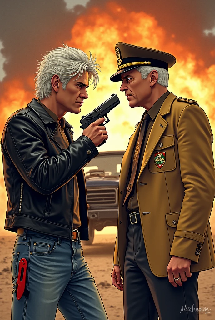I want an illustration of Macgyver Richard Dean Anderson with his hair in a punk cut , long and white , that DOES NOT HAVE GLASSES , and with a red Swiss Army knife in his hand, with a black leather jacket and blue jeans. fighting face to face against Murdoc actor Michael Des Barres with a big face and young, short white hair, and dark glasses and a brown suit and tie, and a sand-yellow military jacket and a sand-yellow military commander's cap with a golden shield and a gun in his hand pointing at Macgyver and in the background a jeep jumps and explodes.