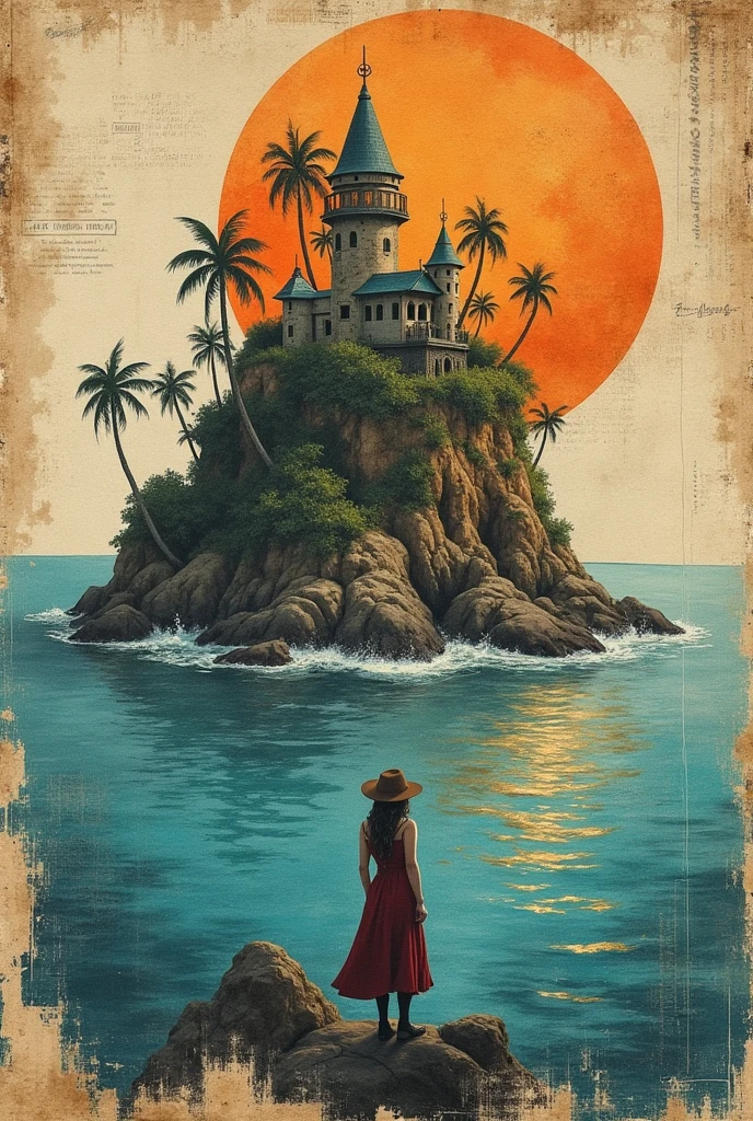 (Super detailed alcohol ink painting of a gorgeous treasure island and female explorer:1.2), Made from a patchwork of vintage script paper、Stress-free mixed media masterpieces, Ephemera, Torn cardboard, Vintage newspaper, Vintage Sheet Music, Something like a sticker, Made with paper frills and life-size delicate lace, In the style of [Junk Journal, Double exposure, Same size as the main unit, Greg Simkins, Mark Davis, Oliver Jeffers, Andy Kehoe], Cinematic, wonderful, Very detailed, 8k, The fog cleared