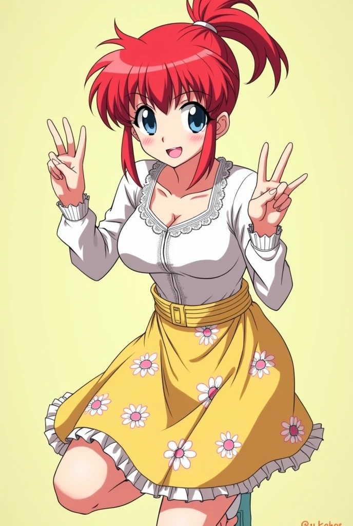 Colored female Saotome Ranma prototype, make a girl,Clear contours, Colorful full body photos, (Beautiful and delicate eyes), (pretty face:1.3), childish face, Red short hair with single ponytail, (Bangs), bumpy Bangs, blue gray eyes, big eyes,Large Breasts,Full body image, Fitted white long-sleeved shirt(細Floral及蕾絲邊),Yellow printed long skirt(actual:1.2),(Floral), (actual:1.7),Face the camera head-on,Bend one foot slightly against the calf of the other leg,Make a Y gesture with your hands。
