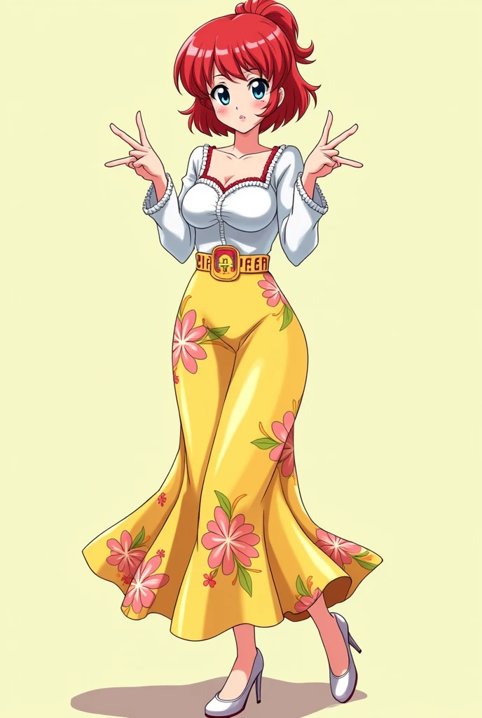 Colored female Saotome Ranma prototype, make a girl,Clear contours, Colorful full body photos, (Beautiful and delicate eyes), (pretty face:1.3), childish face, Red short hair with single ponytail, (Bangs), bumpy Bangs, blue gray eyes, big eyes，Large Breasts，Full body image, Fitted white long-sleeved shirt(細Floral及蕾絲邊),Yellow printed long skirt(actual:1.2),(Floral),  (actual:1.7),Face the camera head-on，Bend one foot slightly against the calf of the other leg，Make a Y gesture with your hands。