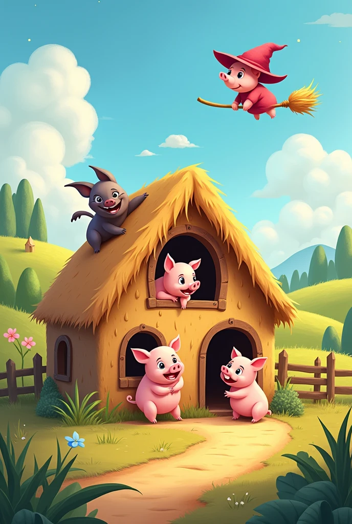 Make a cover for the story of the three little pigs, You can see the three little pigs inside their house and in the window you can see the wolf looking at them, wanting to eat them, and you can see a witch mother pig flying in the sky.. In cartoon and easy to draw