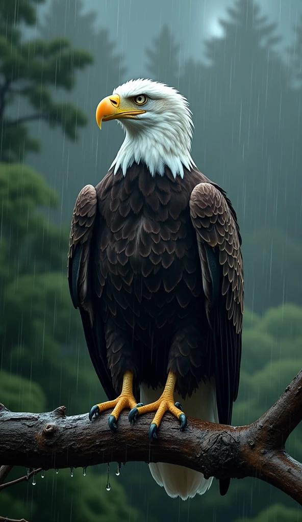 Create an ultra realistic 8k image of a Bald Eagle in the rain