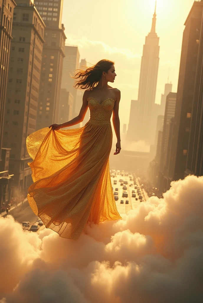 long golden dress, exuberante, Walking on clouds, em nova York.