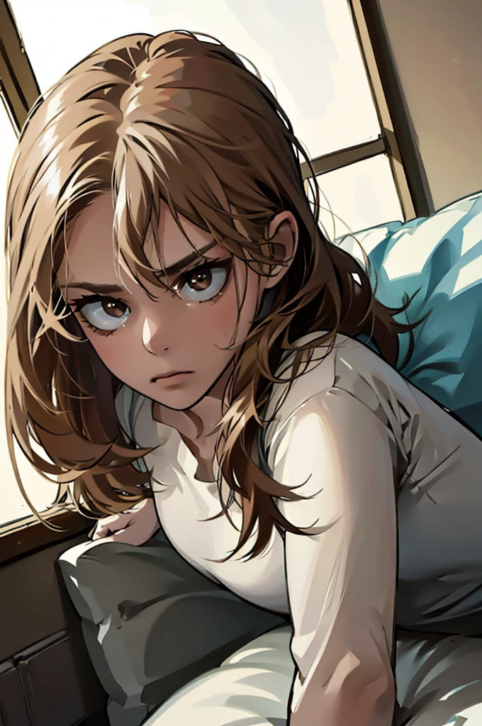 Aerial view of a girl lying on a pristine white bed, with her long wavy brown hair spread across the pillow. She is wearing a soft pajama, and her brown eyes show a determined expression. Subtle dark circles underline her eyes, adding depth to her gaze. The surrounding environment is cold and muted, with dim, cool-toned lighting that contrasts sharply with her intense look. The overall atmosphere of the room is quiet and almost sterile, further highlighting the warmth and strength in her expression.
