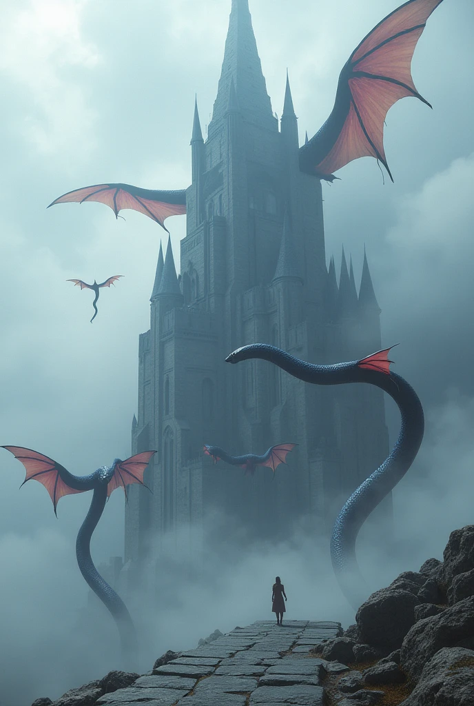Create an image of a gray sky, in this sky there are snakes with wings, and snakes have various colors in dark tones. In the middle of the image there is a platform that looks like a giant stone and on top of the stone there is a gray, half-blue castle. There is a white mist in the sky. Futuristic and realistic image.