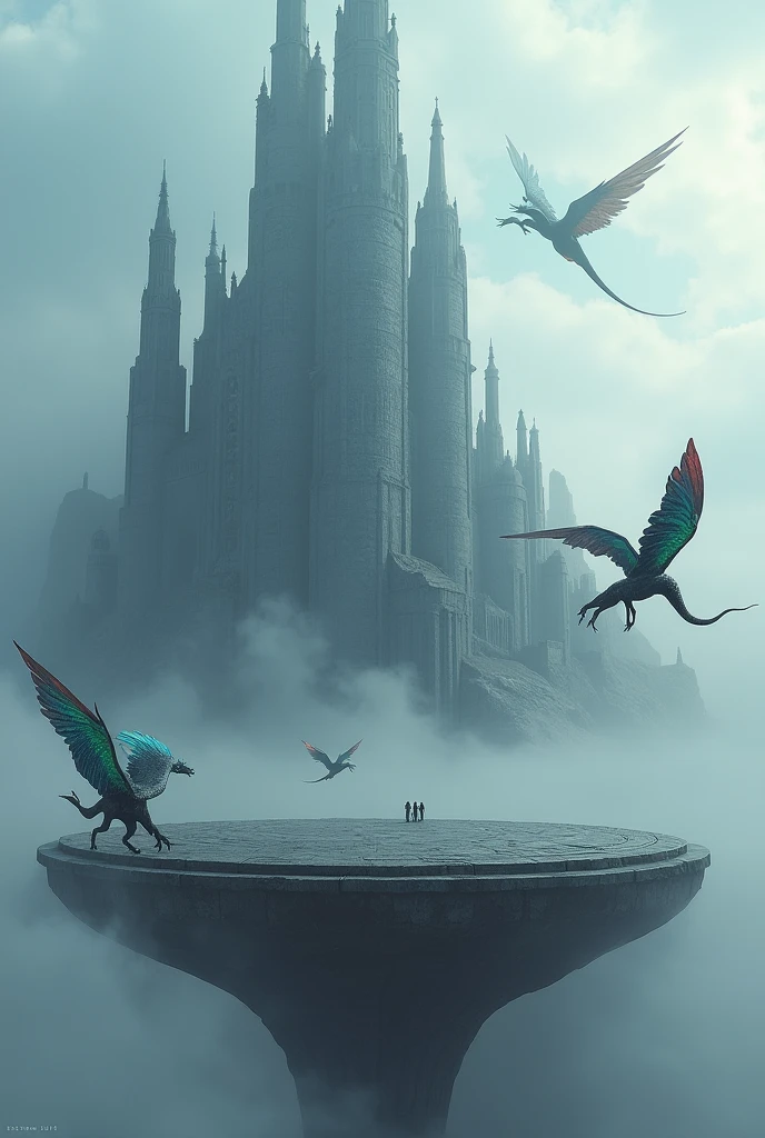 Create an image of a gray sky, in this sky there are snakes with wings, and snakes have various colors in dark tones. In the middle of the image there is a platform that looks like a giant stone and on top of the stone there is a gray, half-blue castle. There is a white mist in the sky. Futuristic and realistic image.