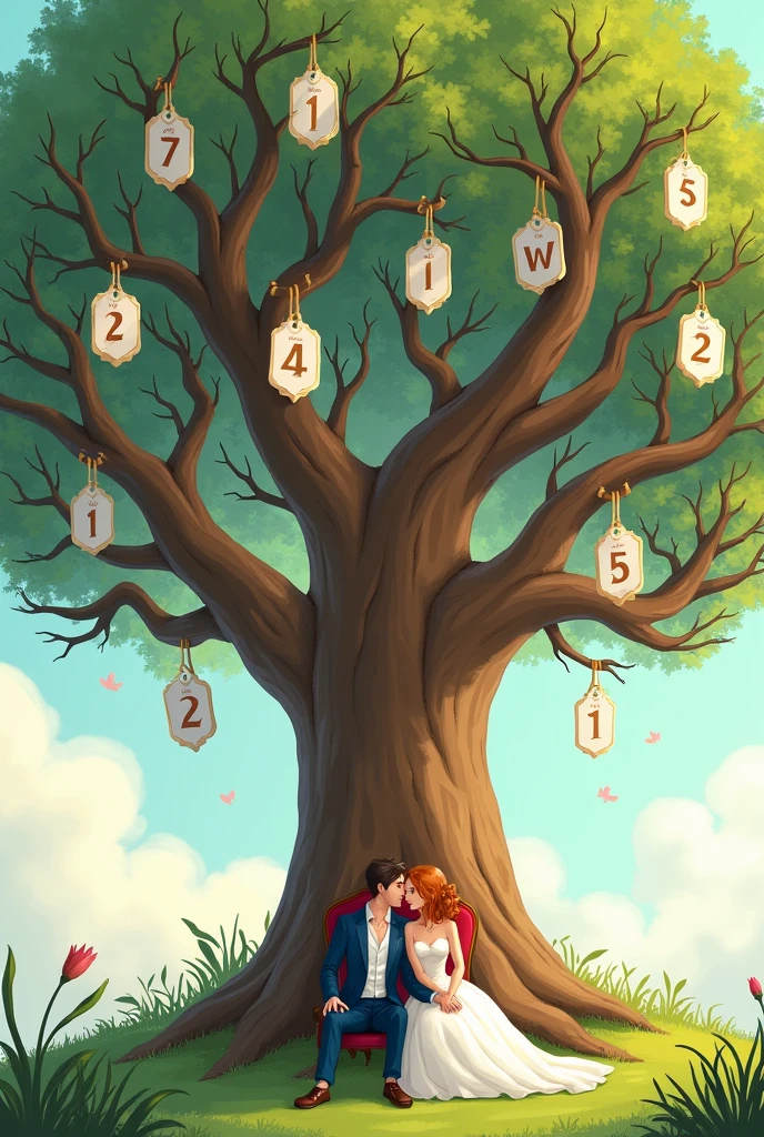 create a wedding guest tree, with various numbers on the branches of the tree and a couple sitting on the lower branches sentados nos galhos