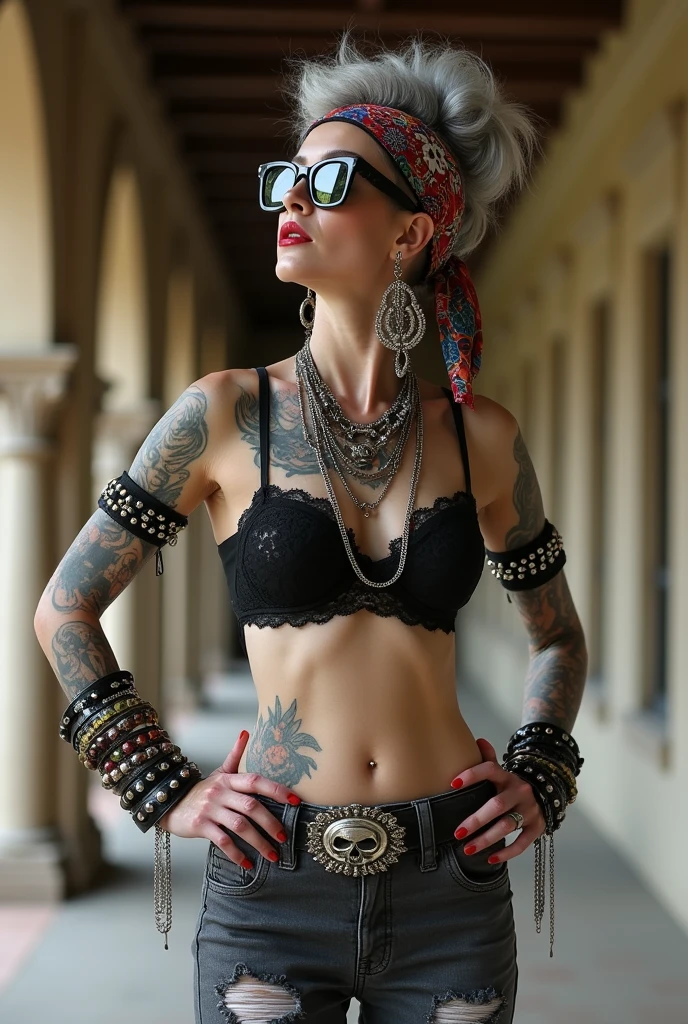russian old milf woman, grey hair (bouffant, top bun) and oversized square sunglasses and wide colourful bandana as headband, with very light green eyes, extremely pale. Big lips. Black lace push up bra, silicone breast,, dark worn skinny low rise grey jeans with holes on knees ( patched with colourful fabric). Flip flops. Lots of thick wide studded bracelets, chain collars and big rings. Tacky wide studded leather belt with big skull and bones oval buckle. Additional crossed loose belts,. Long earrings with chains and feathers. Standing with legs apart, hands on her hips, stretching her neck and looking up in surprise craving., Neck, chest, stomach and wrists heavily tattoed. Toned abdominals, thin neck, slim legs and thin arms. Narrow hips . Visiting a cloister, admiring mosaics on the ceiling