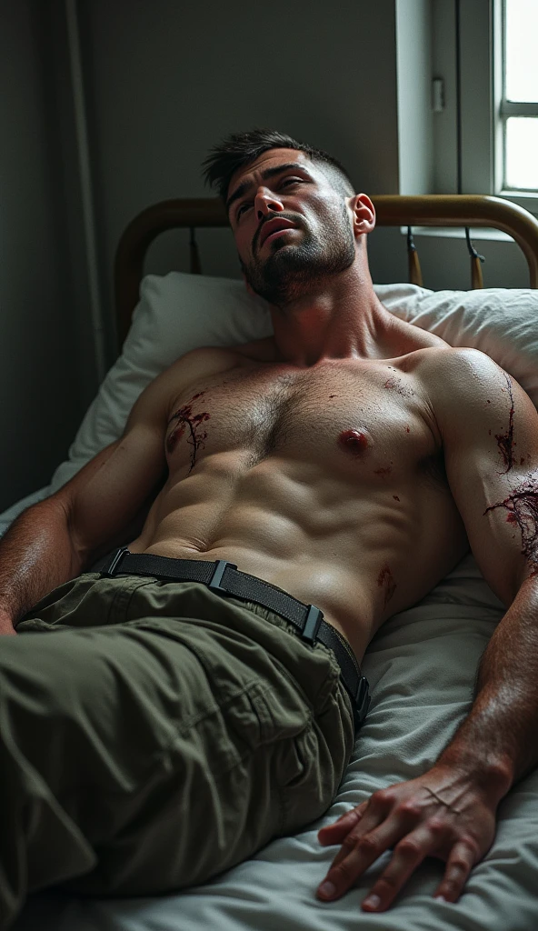 A soldier who is panting (very muscly) and showing chest and abdomen and with injuries sitting on a bed 