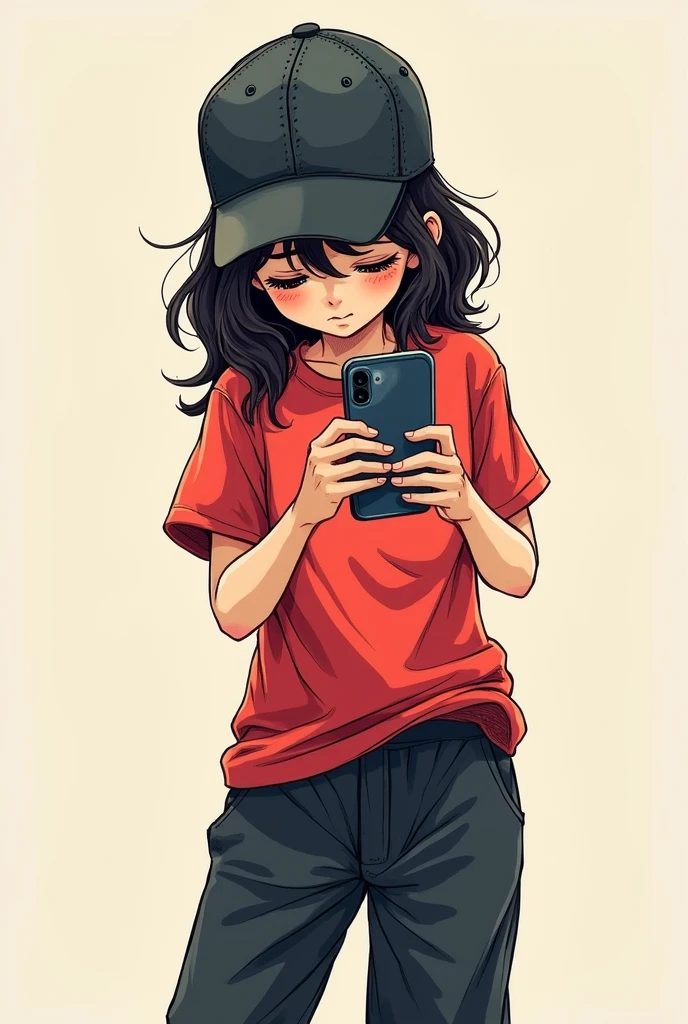 A girl doodle wear black pajama and red colour t-shirt and p cap holding broken cel phone and showing looking sad