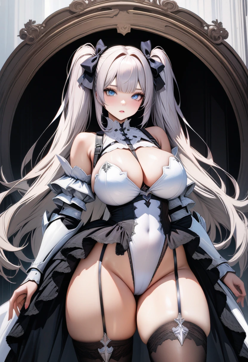 ((solo)),1girl,Azur Lane,Fantasy art,((White Paladin Armor Leotard:1.2)),((Gothic Princess Dress:1.3)),(Armored Dress:1.3),(skin-tight high leg groin area),(Skin-tight See-through stockings leotard),((body harness:1.2)),platinum blonde long Twin tails hair,hair ribbon,Huge breastboob cutout,Cleavage cuto makeup,Perfect and beautiful blue eyes,curvy,Thigh-high sock,perfect face,(cameltoe:0.8),((UHD)),((masterpiece)),8k,hyperrealistic,cowboy shot,anatomically correct,accurate,high quality,extremely detailed,