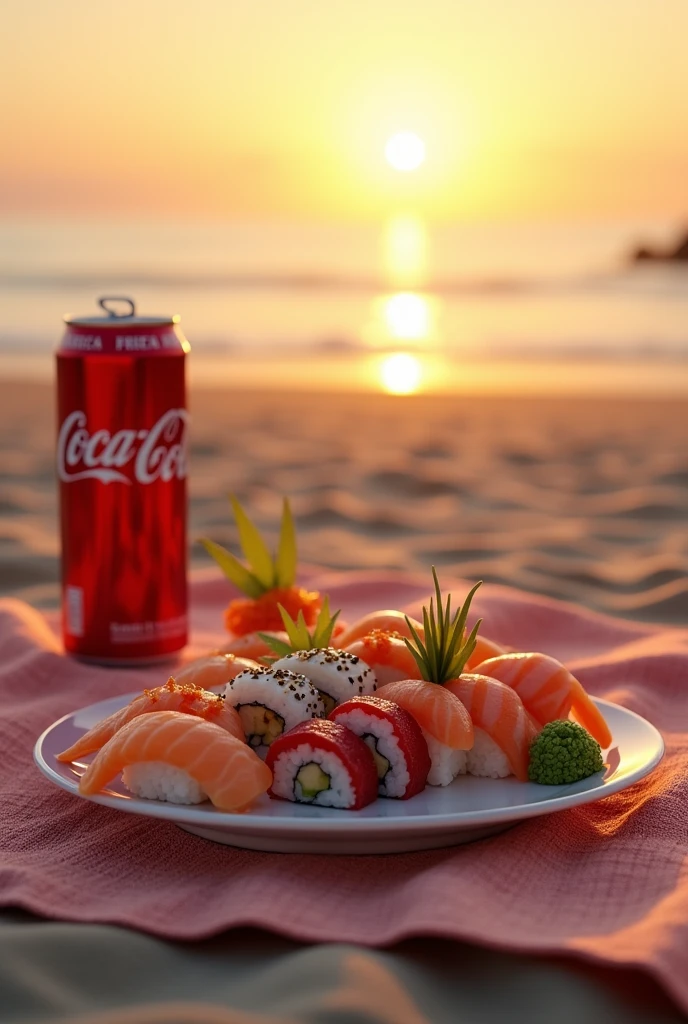 (photorealism:1.2), a plate of sushi on a beach towel and a can of coca cola at sunset on a beach