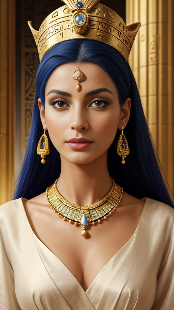 Create a highly detailed illustration of Queen Nefertiti from the 14th century BC, the Great Royal Wife of Pharaoh Akhenaten. Nefertiti is depicted with her iconic beauty, featuring a tall, flat-topped blue crown with a golden band and cobra emblem. Her face is shown with perfect symmetry, almond-shaped eyes lined with kohl, high cheekbones, and full lips. She wears a white, pleated linen gown adorned with gold jewelry, including a broad collar necklace and arm cuffs. The background should resemble an ancient Egyptian palace, with hieroglyphics and stone columns highlighting her royal status and the historical setting.