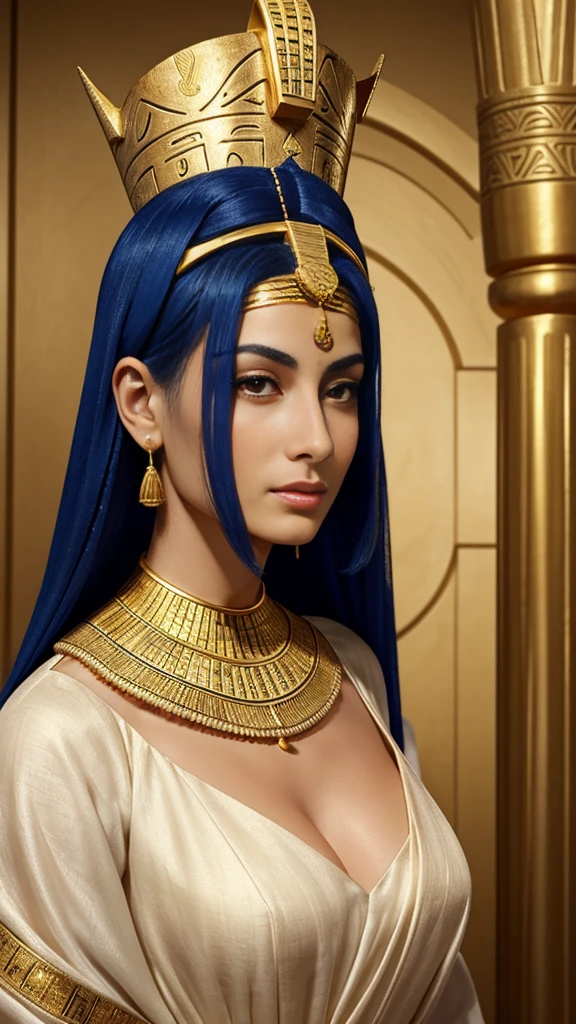 Create a highly detailed illustration of Queen Nefertiti from the 14th century BC, the Great Royal Wife of Pharaoh Akhenaten. Nefertiti is depicted with her iconic beauty, featuring a tall, flat-topped blue crown with a golden band and cobra emblem. Her face is shown with perfect symmetry, almond-shaped eyes lined with kohl, high cheekbones, and full lips. She wears a white, pleated linen gown adorned with gold jewelry, including a broad collar necklace and arm cuffs. The background should resemble an ancient Egyptian palace, with hieroglyphics and stone columns highlighting her royal status and the historical setting.