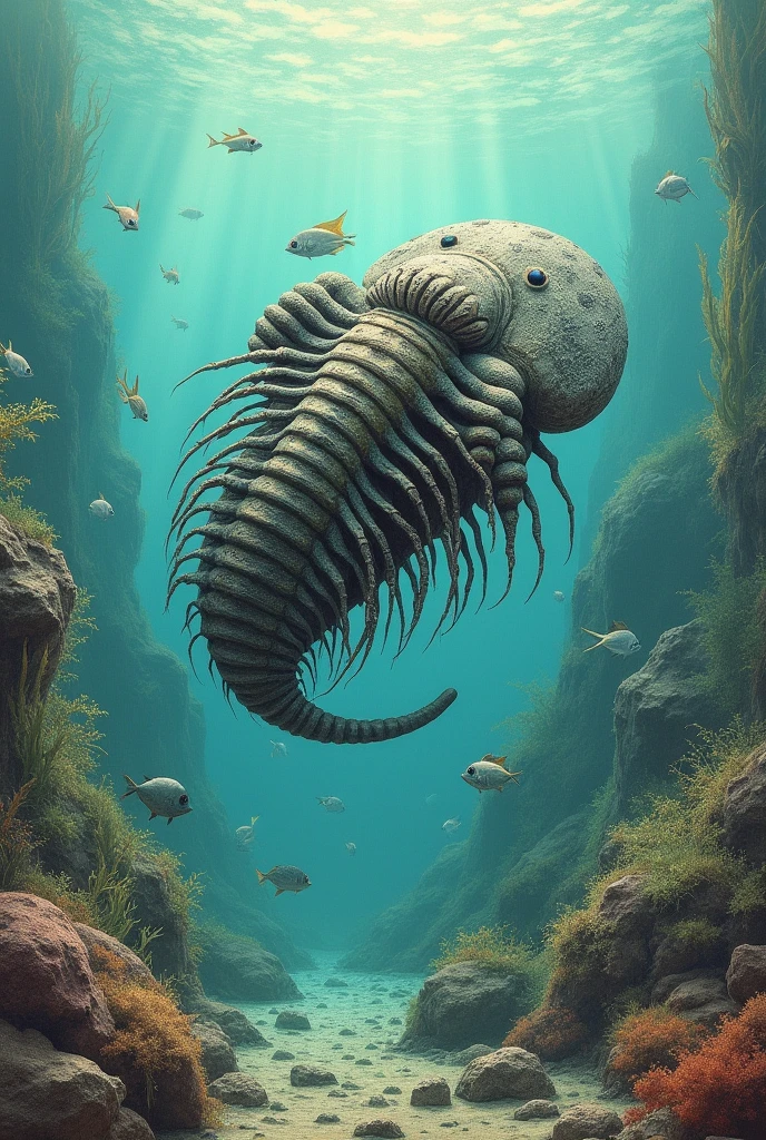 A drawing of a trilobite in its marine habitat.