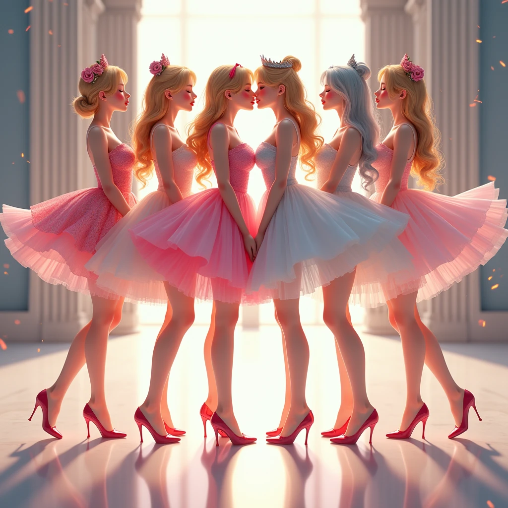 (Graceful Full Body of Extremely Detailed((Sexy Princesses Group in a row:1.37))), KAWAII perfect face with Reflective Eyes, Detailed(Delicate Clothing textures), Correct Graceful Legs, Dynamic Joyful Expressions LifeLike Rendering, Specular Reflection of mirrored floor, (TopQuality 8K Ultra-detailed masterpiece (ProfessionalPhoto:1.37)), (Acutance:0.8), (Luminism:1.28), Renaissance art style, Portraits, Colorful Light particles, (Full body from side) {Kissing Face to Face|Cute Peach AssFocus|(NakedApron with (Overflowing Sideboob))}, Radiant Fine Skin with Transparency, (Exposed:0.4) {Pink Hair|LightBlue Hair|Blonde|Pure White Hair|Liquid Hair|Red Shoes}, Perfect Lighting
