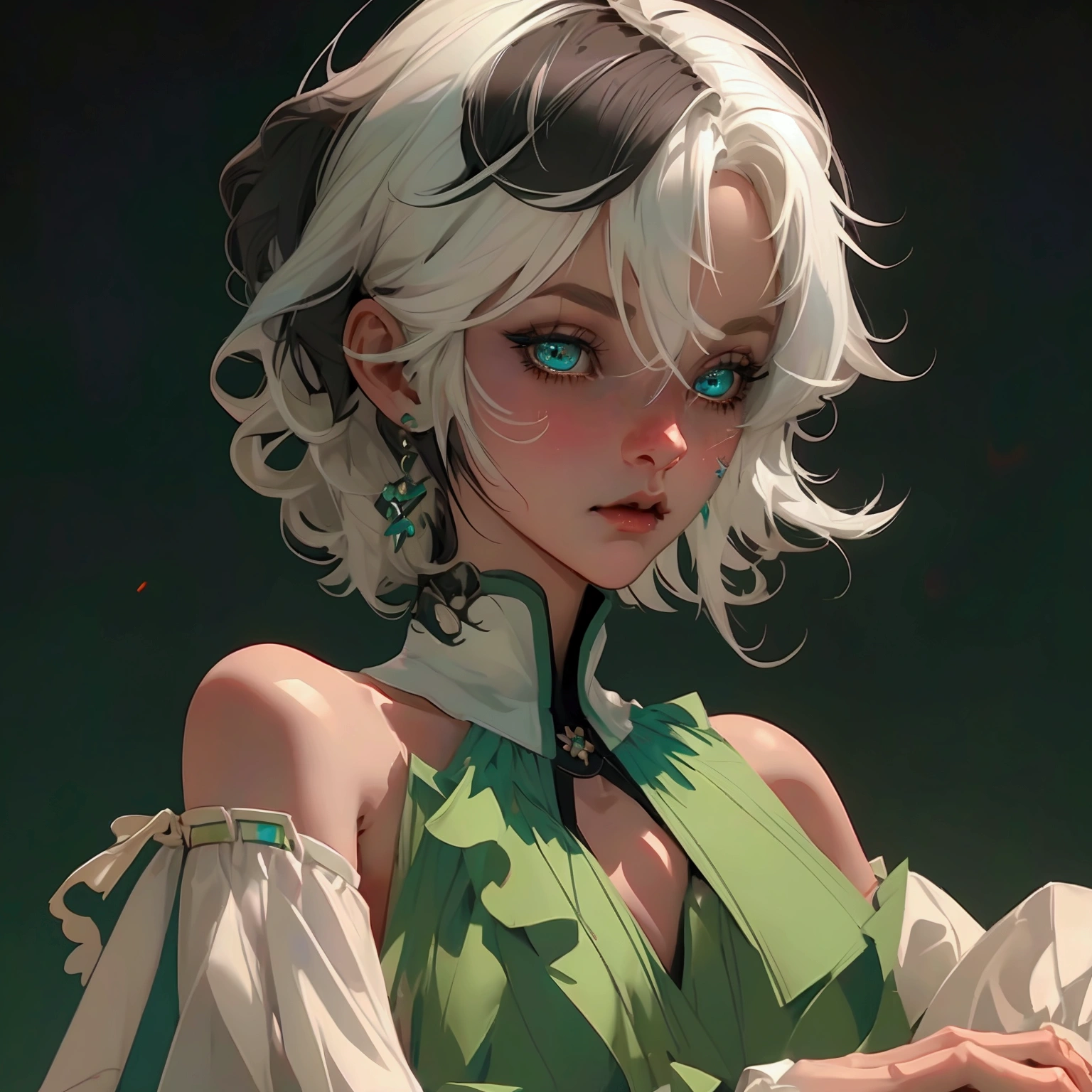 envision a 8k, highres, cinematic, beautiful close up portrait of a short girl named Cecilia Immergreen with multicolored hair, green eyes, doll joints, joints, bare shoulders, detached sleeves, hair between eyes, white hair, dressagainst a dark background