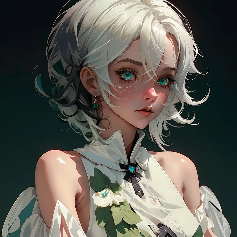envision a 8k, highres, cinematic, beautiful close up portrait of a short girl named Cecilia Immergreen with multicolored hair, green eyes, doll joints, joints, bare shoulders, detached sleeves, hair between eyes, white hair, dressagainst a dark background
