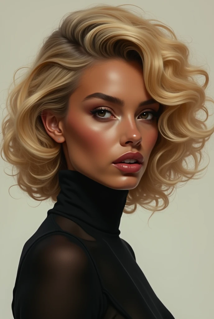 A brown woman with blonde curly hair, with black eyes, with thin lips and a straight nose