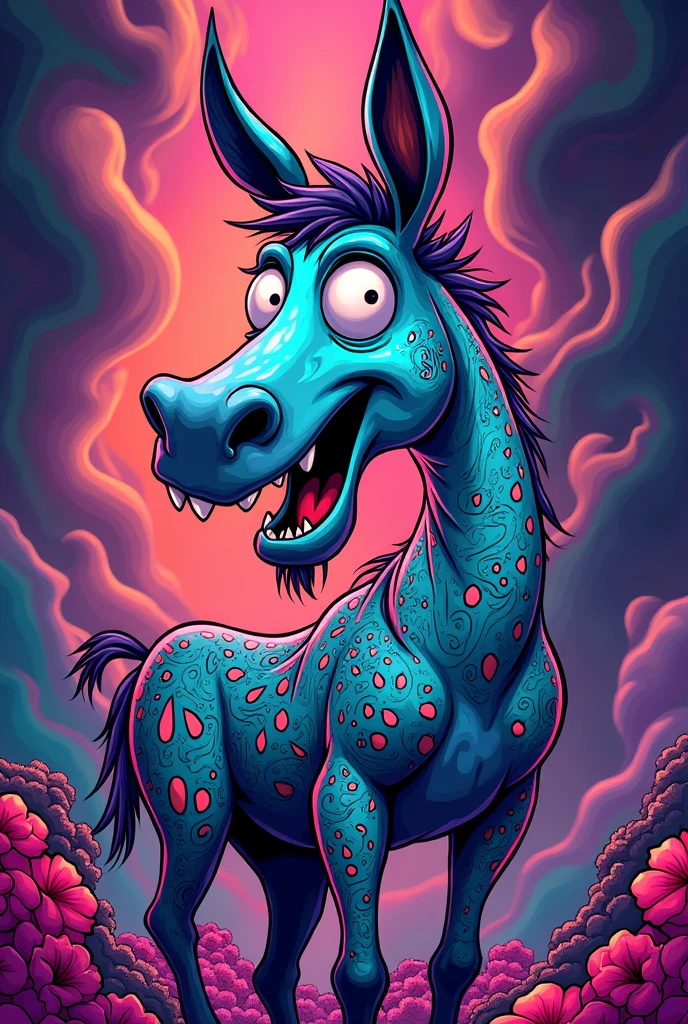 Create a psychedelic, cartoon-style mule with exaggerated features, vibrant colors, and swirling patterns. The mule should have a dynamic, energetic expression, similar to the style of a comic book or graffiti art. It should incorporate elements like bright, neon colors, and abstract shapes to give it a surreal, eye-catching appearance