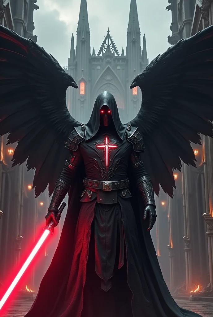 a sith templar knight with black angel wings, a crucifix on his chest and in front of a gothic church with a crimson lightsaber and red eyes