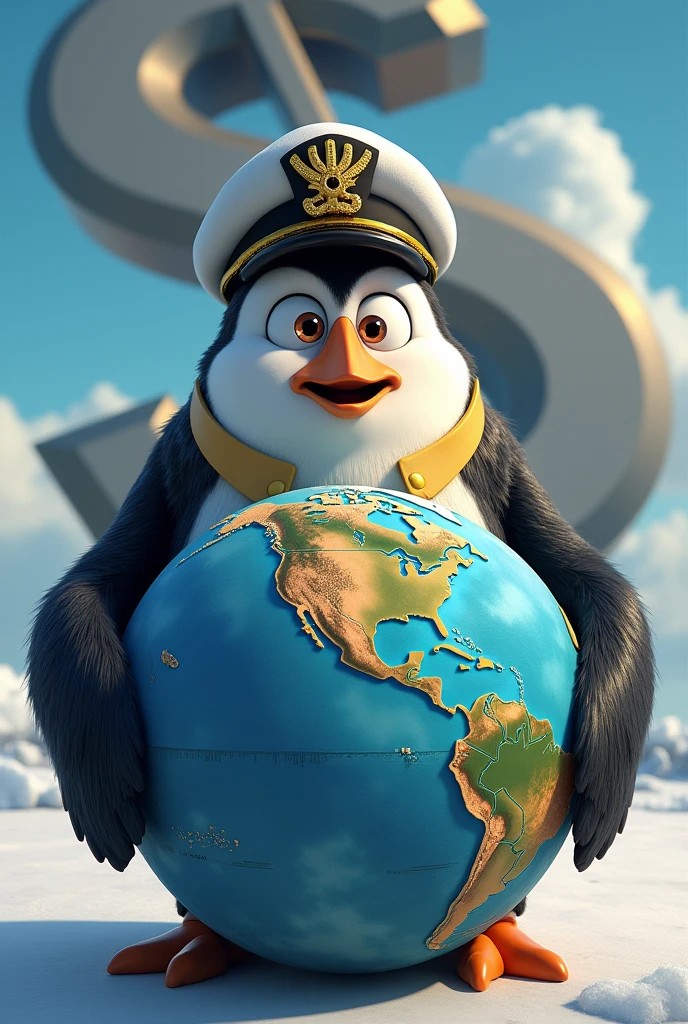 THE CHARACTER CAPTAIN FROM THE PENGUINS OF MADAGASCAR HOLDING PLANET EARTH WITH A DOLLAR SIGN BEHIND IT. 