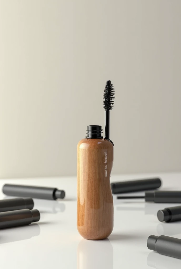 Generate an image of a mascara named “LAVEUR” with the name on the packaging, It has a modern “round” shaped container made of wood. The “brush” is located outside. It is a sustainable and ergonomic mascara. Surrounding the ergonomic mascara are several generic and “ugly” mascaras in shades of grey on the floor., inferior to ergonomic mascara, which is surrounded by light.
