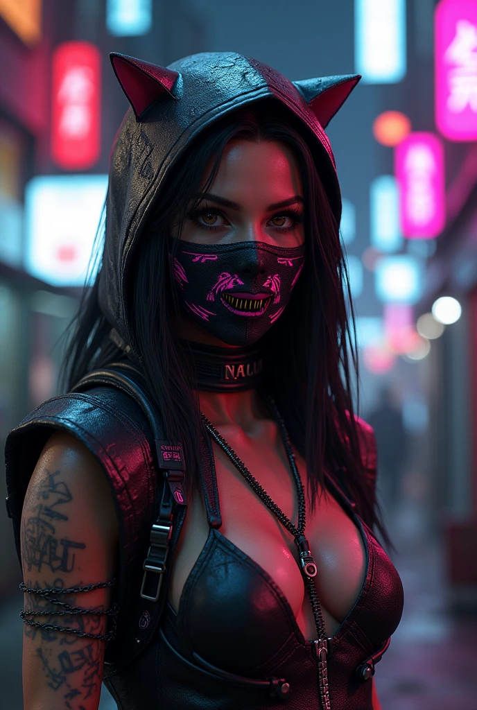 Mortal Kombat Mileena, cyberpunk, outdoor, street, purple, hyperrealism, photorealistic, 8k, unreal engine, 3d render --ar 9:16 --niji 5 --style expressive --s 400