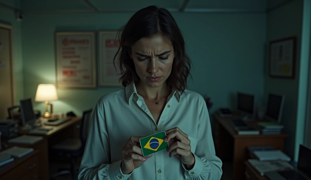 Create a dramatic image of someone who can't stand the work routine anymore, use the Brazilian work card as the main element.