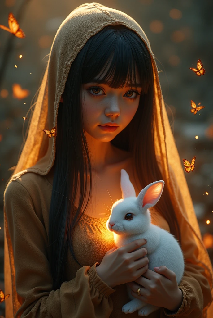 awesome reflections, autumn style，Best reflections. (Very Detailed CG unity wallpaper 8k), (Best Quality), (best illustrations), (best shadows), (night gloomy background, Gloomy and hopeless, dark dramatic lighting, vignette), realistic eyes, beautiful face, 1A girl with a perfect body, with a white rabbit in his hands, with long, straight hair, Generous neckline, She wears a veil with a hood on her head, ((perfect anatomy)), Gothic, burnt orange gradient, surrounded by tender leaves and branches, with fireflies and glowing particle effects, (natural elements), (leaves), (small firewood), (Fireflies), butterflies, (Tender leaves), (glow), (particle fx). , Fantasy Art, bokeh, Octane rendering, ray tracing, Overdetailing. terror, Fantastic, creepy, Scarimok a feeling of sophistication and tranquility.. The overall aesthetic should be elegant and stylish.., making it suitable for branding and logos..