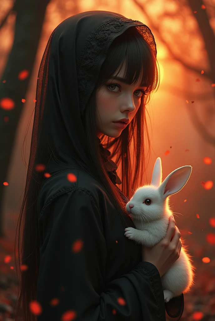awesome reflections, autumn style,Best reflections. (Very Detailed CG unity wallpaper 8k), (Best Quality), (best illustrations), (best shadows), (night gloomy background, Gloomy and hopeless, dark dramatic lighting, vignette), realistic eyes, beautiful face, 1A girl with a perfect body, with a white rabbit in his hands, with long, straight hair, Generous neckline, She wears a veil with a hood on her head, ((perfect anatomy)), Gothic, burnt orange gradient, surrounded by tender leaves and branches, with fireflies and glowing particle effects, (natural elements), (leaves), (small firewood), (Fireflies), butterflies, (Tender leaves), (glow), (particle fx). , Fantasy Art, bokeh, Octane rendering, ray tracing, Overdetailing. terror, Fantastic, creepy, Scarimok a feeling of sophistication and tranquility.. The overall aesthetic should be elegant and stylish.., making it suitable for branding and logos..