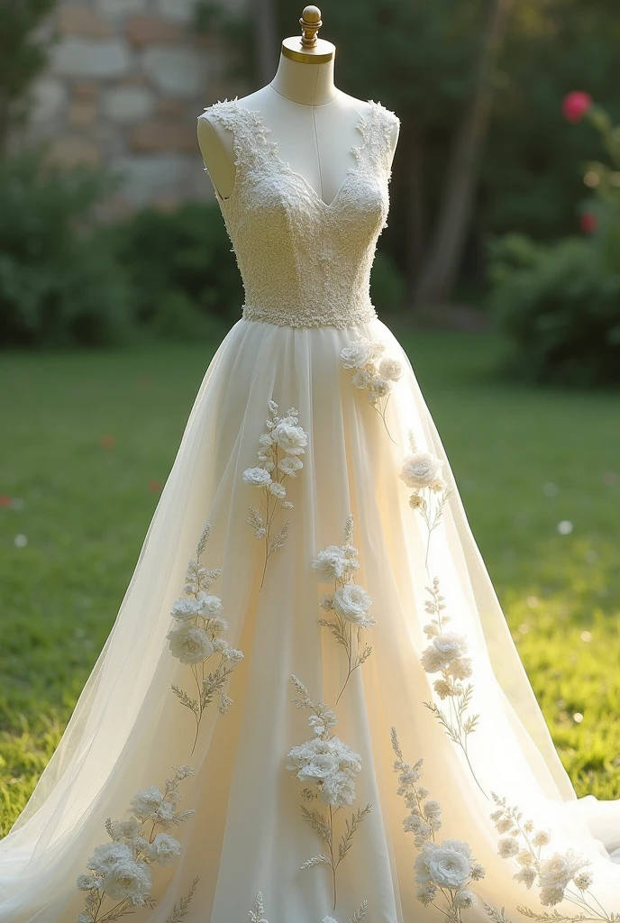  wedding dress with white and delicate printed flowers