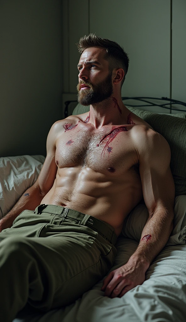A soldier who is panting (very muscly) and showing  and abdomen and with injuries sitting on a bed 