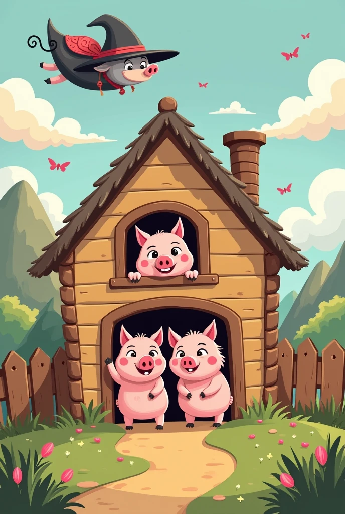 Make a cover for the story of the three little pigs, You can see the three little pigs inside their house and in the window you can see the big bad wolf looking at them, wanting to eat them, and you can see a witch mother pig flying in the sky.. In cartoon and easy to draw 