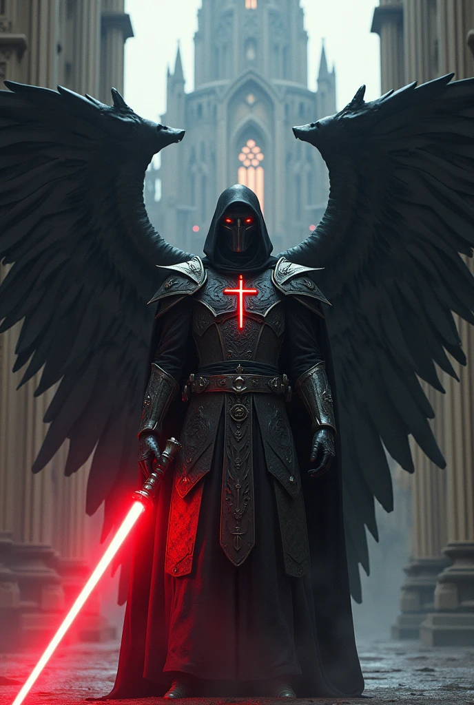 a sith templar knight with black angel wings, a crucifix on his chest and in front of a gothic church with a crimson lightsaber and red eyes