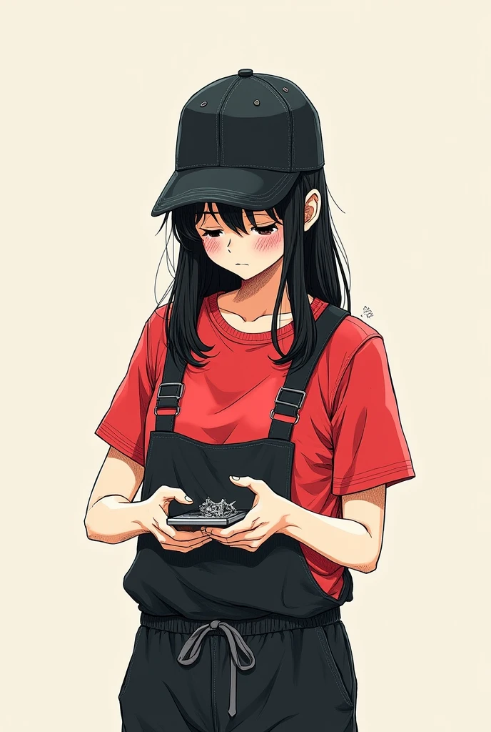 A girl doodle wear black pajama and red colour t-shirt and p cap holding broken cel phone and showing looking sad