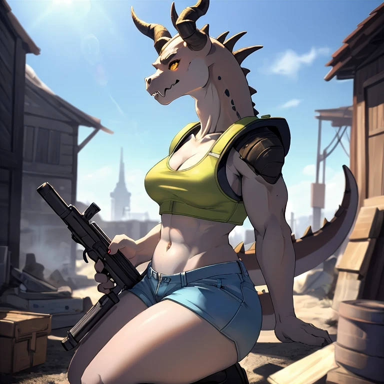 a highly detailed and intricate anime style anthro reptile girl, green scaled skin, yellow eyes, black lips, black ram horns, long tail, tall stature, anthro deathclaw from fallout, wearing a bulletproof vest, holding a rusty gun, blue shorts, (best quality, 4k, ultra-detailed, realistic, photorealistic, vivid colors, physically-based rendering, masterpiece:1.2) aegis style, kemono style,