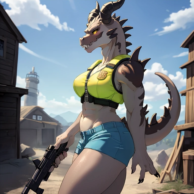 a highly detailed and intricate anime style anthro reptile girl, green scaled skin, yellow eyes, black lips, black ram horns, long tail, tall stature, anthro deathclaw from fallout, wearing a bulletproof vest, holding a rusty gun, blue shorts, (best quality, 4k, ultra-detailed, realistic, photorealistic, vivid colors, physically-based rendering, masterpiece:1.2) aegis style, kemono style,