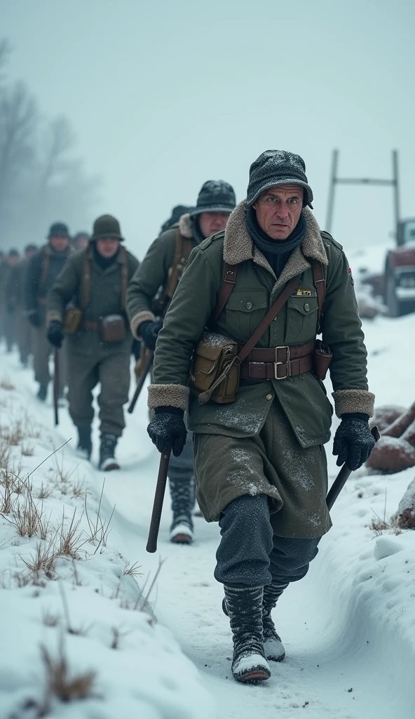 German soldiers struggling through deep snow in the harsh Russian winter, their faces gaunt from cold and hunger, with broken-down vehicles and frozen supplies scattered along the roadside.