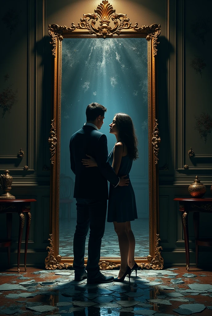 A cinematic, hyper-realistic book cover for an eBook in Portuguese titled 'Anti-Narcissist.' The cover depicts a dramatic scene of a couple in conflict, with the man embodying narcissistic traits, standing in front of a large, ornate mirror that reflects a distorted image of him. The woman stands firm but vulnerable, resisting his influence. The background is a dark, opulent room with broken mirrors on the floor. The title 'Anti-Narcissist' is prominently displayed at the top in a bold, elegant font. The subtitle 'The breaking of the mirror' is displayed below in a smaller, complementary font. Remove all other text from the original image. add text "Anti-Narcissist" and subtitle "The breaking of the mirror"



styled: realisitic/Cinematic Resolution: Bullish (1024x1024 or higher)
detalhamento: Maximum Illumination: Dramatic, focusing on clear contrasts and shadows Texture: fine-details, with attention to the composition of the elements (broken mirrors, opulence of the environment)
Farbe: Dark and realistic color palette