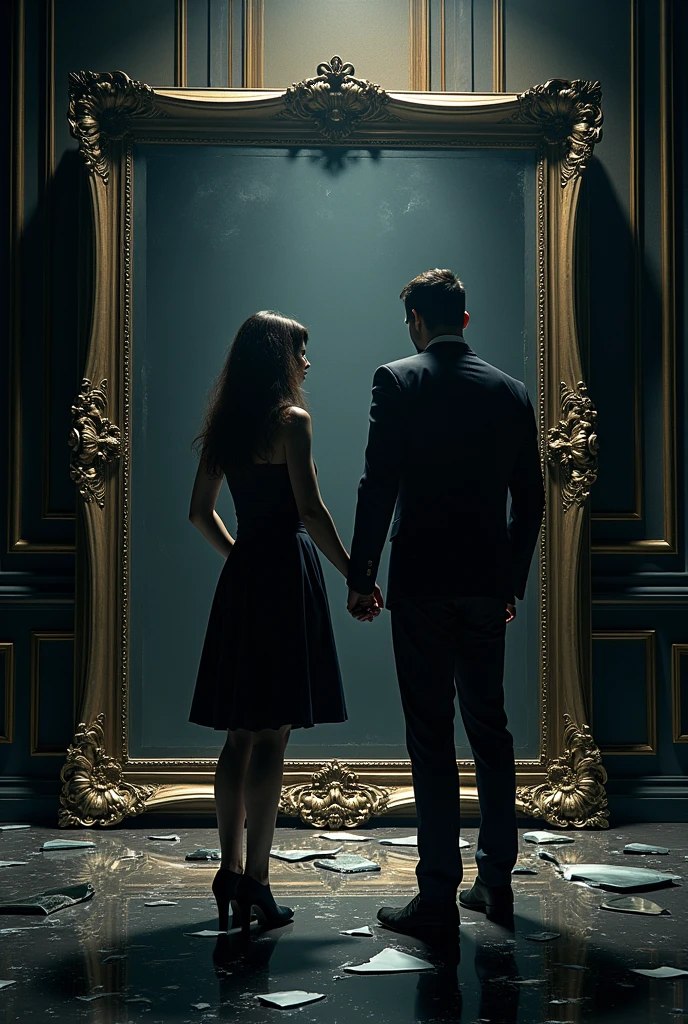 A cinematic, hyper-realistic book cover for an eBook in Portuguese titled 'Anti-Narcissist.' The cover depicts a dramatic scene of a couple in conflict, with the man embodying narcissistic traits, standing in front of a large, ornate mirror that reflects a distorted image of him. The woman stands firm but vulnerable, resisting his influence. The background is a dark, opulent room with broken mirrors on the floor. The title 'Anti-Narcissist' is prominently displayed at the top in a bold, elegant font. The subtitle 'The breaking of the mirror' is displayed below in a smaller, complementary font. Remove all other text from the original image. add text "Anti-Narcissist" and subtitle "The breaking of the mirror"
styled: realisitic/Cinematic Resolution: Bullish (1024x1024 or higher)
detalhamento: Maximum Illumination: Dramatic, focusing on clear contrasts and shadows Texture: fine-details, with attention to the composition of the elements (broken mirrors, opulence of the environment)
Farbe: Dark and realistic color palette