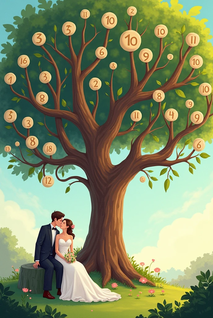 create a wedding guest tree, with various numbers on the branches of the tree and a couple sitting on the lower branches sentados nos galhos