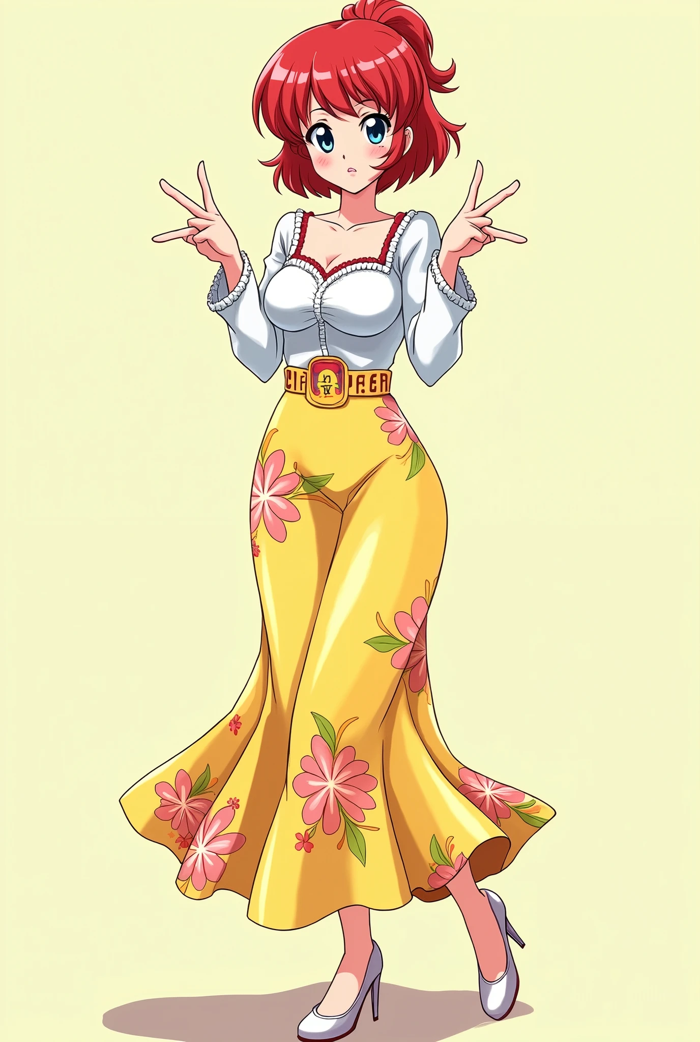 Colored female Saotome Ranma prototype, make a girl,Clear contours, Colorful full body photos, (Beautiful and delicate eyes), (pretty face:1.3), childish face, Red short hair with single ponytail, (Bangs), bumpy Bangs, blue gray eyes, big eyes,Large Breasts,Full body image, Fitted white long-sleeved shirt(細Floral及蕾絲邊),Yellow printed long skirt(actual:1.2),(Floral), (actual:1.7),Face the camera head-on,Bend one foot slightly against the calf of the other leg,Make a Y gesture with your hands。