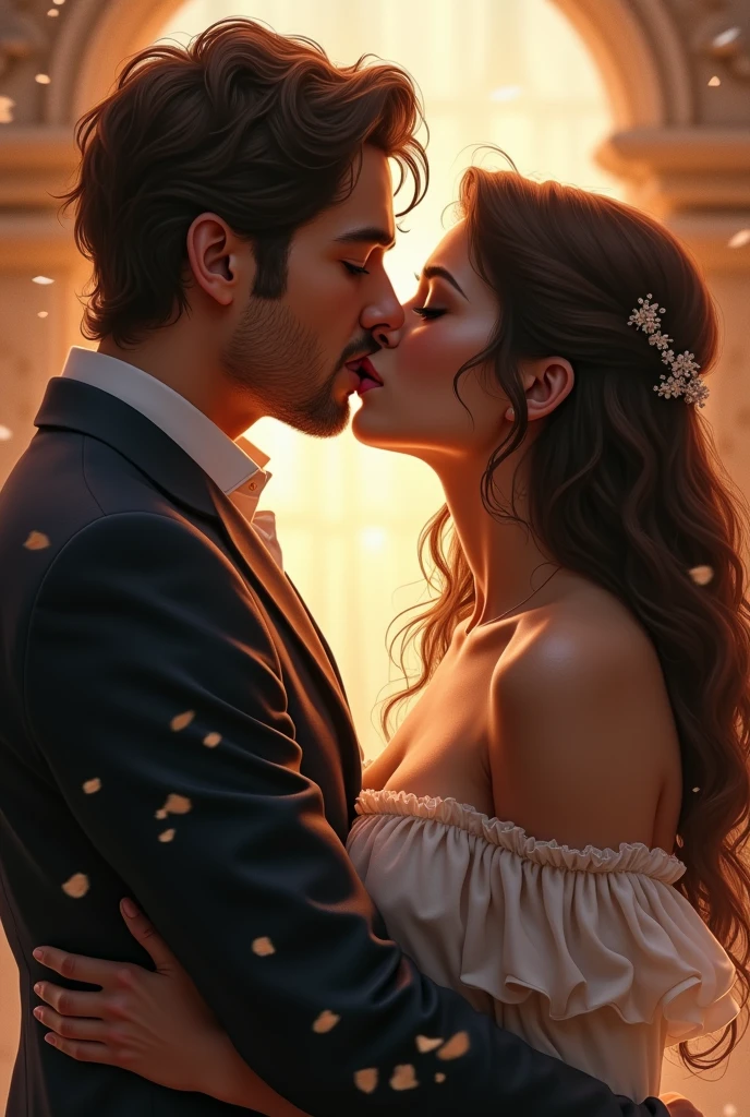 (((high quality:1.2))), Work of art, (8k), extremely detailed, ((High detail:1.2)) ((best resolution)), 2 people, ((man kissing woman)),