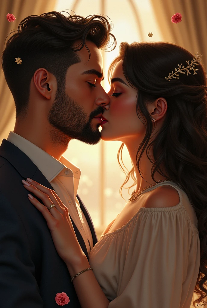 (((high quality:1.2))), Work of art, (8k), extremely detailed, ((High detail:1.2)) ((best resolution)), 2 people, ((man kissing woman)),