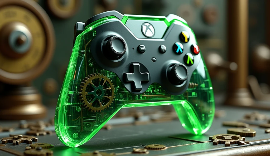 A realistic 3d style image of an xbox controller in greenish clear acrylic on a steampunk style background