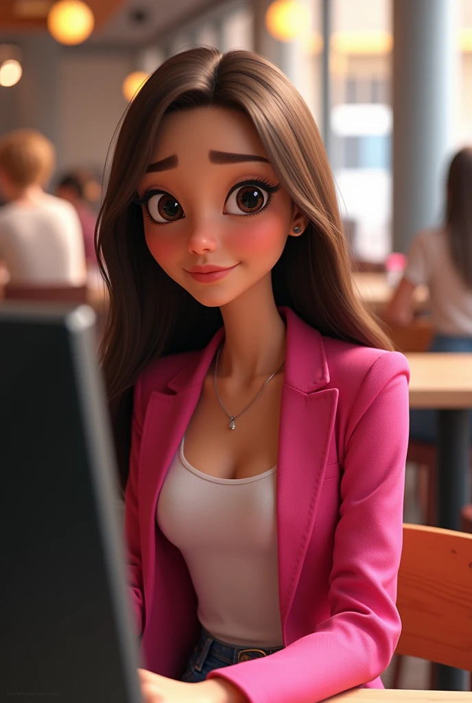A pixar-style woman, long straight brown hair , eyes black, wearing a pink blazer , in front of you a computer and the restaurant scene 