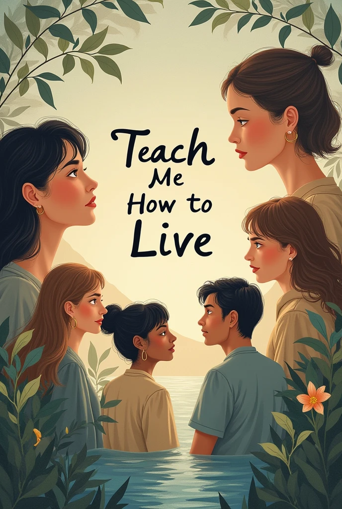 Create a front and back cover for a book called "Teach me how to live" which talks about the lives of two women and three men who go through overcoming life, and who find peace with each other 