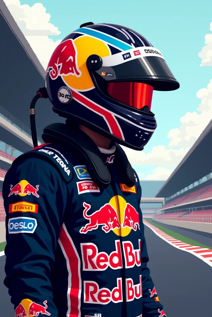 Please generate an image of a race car driver wearing a black racing suit with red stripes. The suit should feature a Red Bull logo and an 'S' symbol representing Ayrton Senna. The driver should be wearing a closed black helmet with a blue stripe, a small Brazilian flag on the side, and the number 7 on the helmet. The helmet should have a red visor that is pulled down. The background should feature the Spa-Francorchamps racing circuit. The avatar should be in pixel art style.