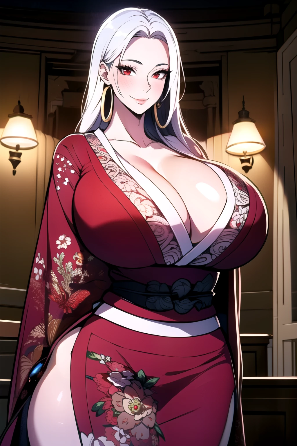 ultra realistic 8k cg, masterpiece, ((ultra detailed background,  intricate detail, highly detailed, fine details best quality, hyperdetailed face)), gigantic breasts ,beautiful lighting, absurdres, BoaHancockV2,  1girl, solo, (white hair), long hair, jewelry, closed mouth, ), cleavage, (short kimono : 1.1), (cleavage),, curvy, midriff, curvy, thighs, shiny clothes), red eyes, complex detailed background, indoor, palace), ((cowboy shot)), curvy, (gigantic breasts: 1.1), seductive smile, cowboy shot, earrings, jewelry,